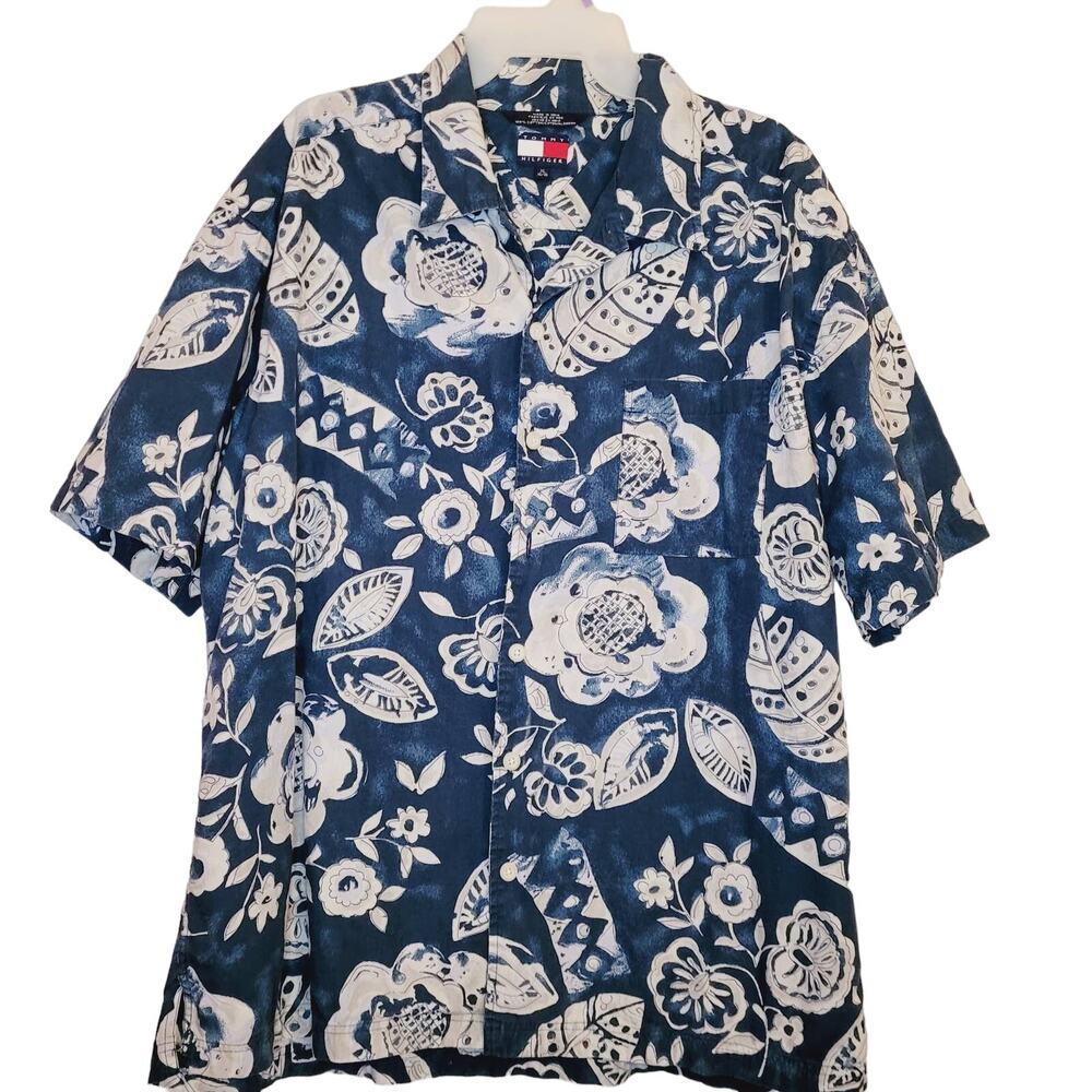 Tommy Hilfiger blue and white floral button up Hawaiian shirt XL Tropical Vaca
